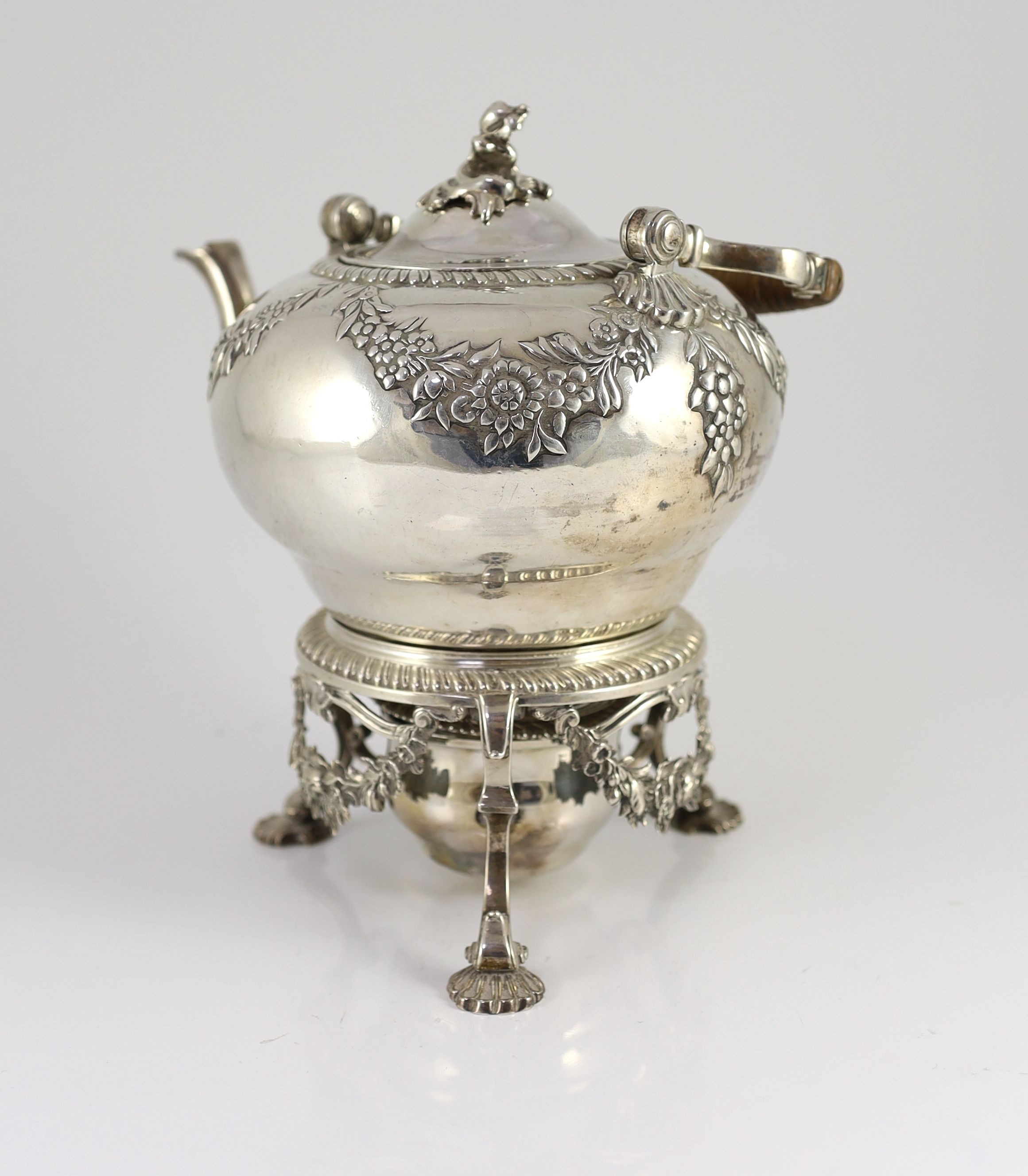 A George II silver spirit kettle on stand with burner, by Paul Crispin